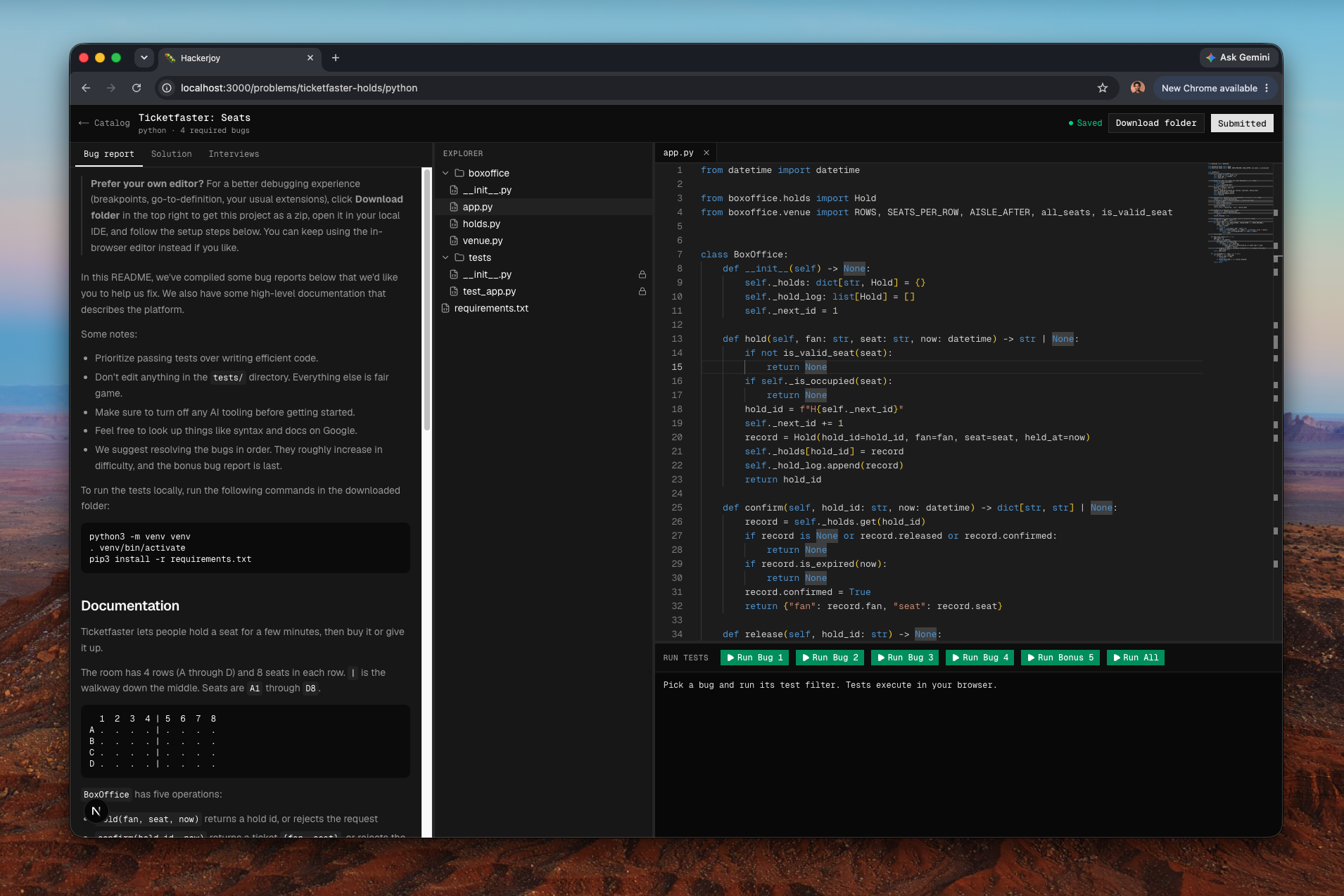 HackerJoy workspace: bug report, file tree, editor, and test runner